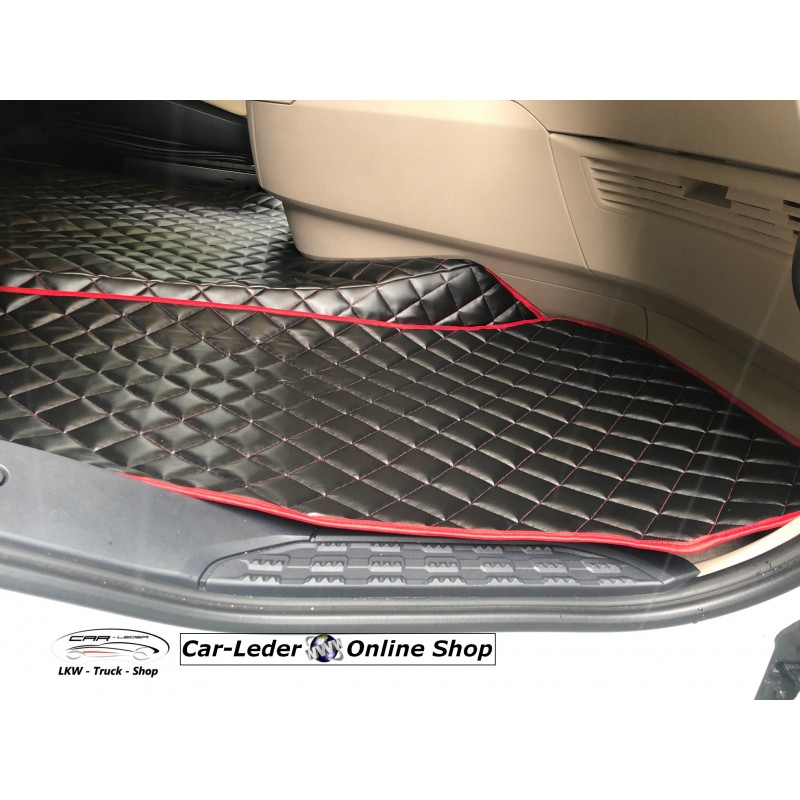 LKW Tunnelabdeckung Fußmatten SET Kunstleder Schwarz - Rot passend für DAF  XG / XG+ Beifahrersitz klappbar