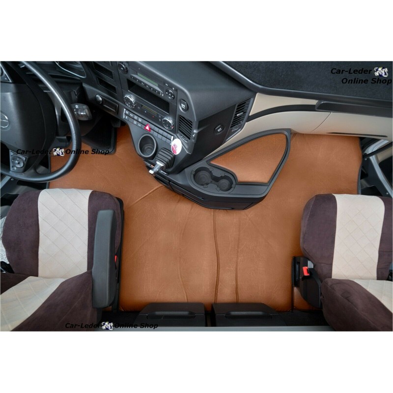 LKW Fußmatten + Tunnelabdeckung aus Kunstleder in Braun passend für Mercedes Actros MP4 2011 - 2018 Automatik Getriebe